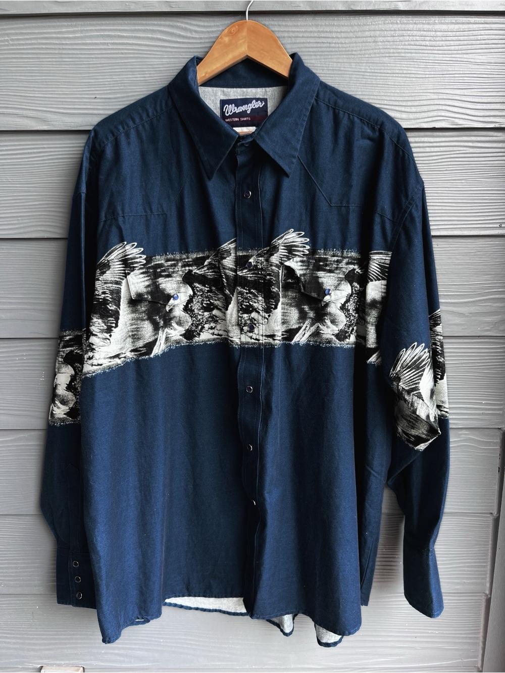 Vintage Wrangler Men's Navy Blue Printed Eagle Western Shirt Size XXL
